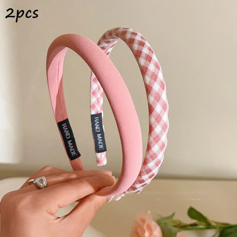 1/2/3pcs Spring Summer Women Solid Color Head Hoop Princess Girls Sweet Plaid Cl