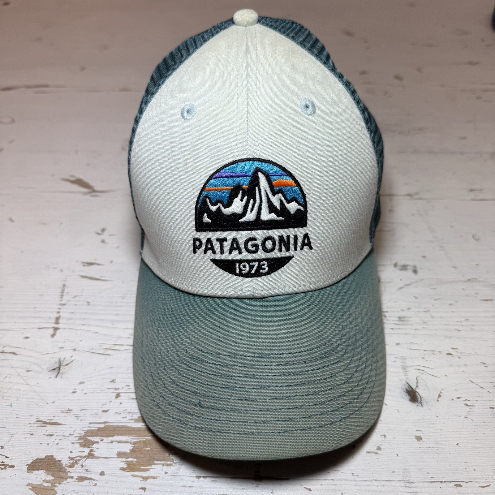 Patagonia Embroidered Spellout Mesh Lo Pro Trucker Hat Blue White