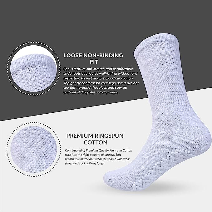Non Skid Diabetic Crew Socks Non Binding Loose Fit Top Cotton Gripper Men Women