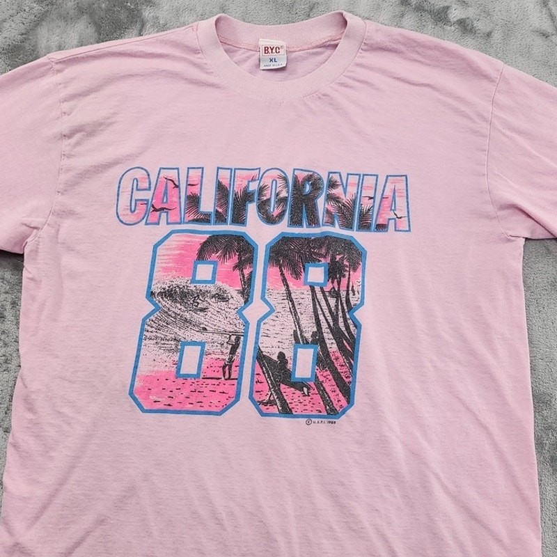 Vintage 80s BYC Top Womens M Pink California 88 Graphic Tee Crew Neck Surf Beach