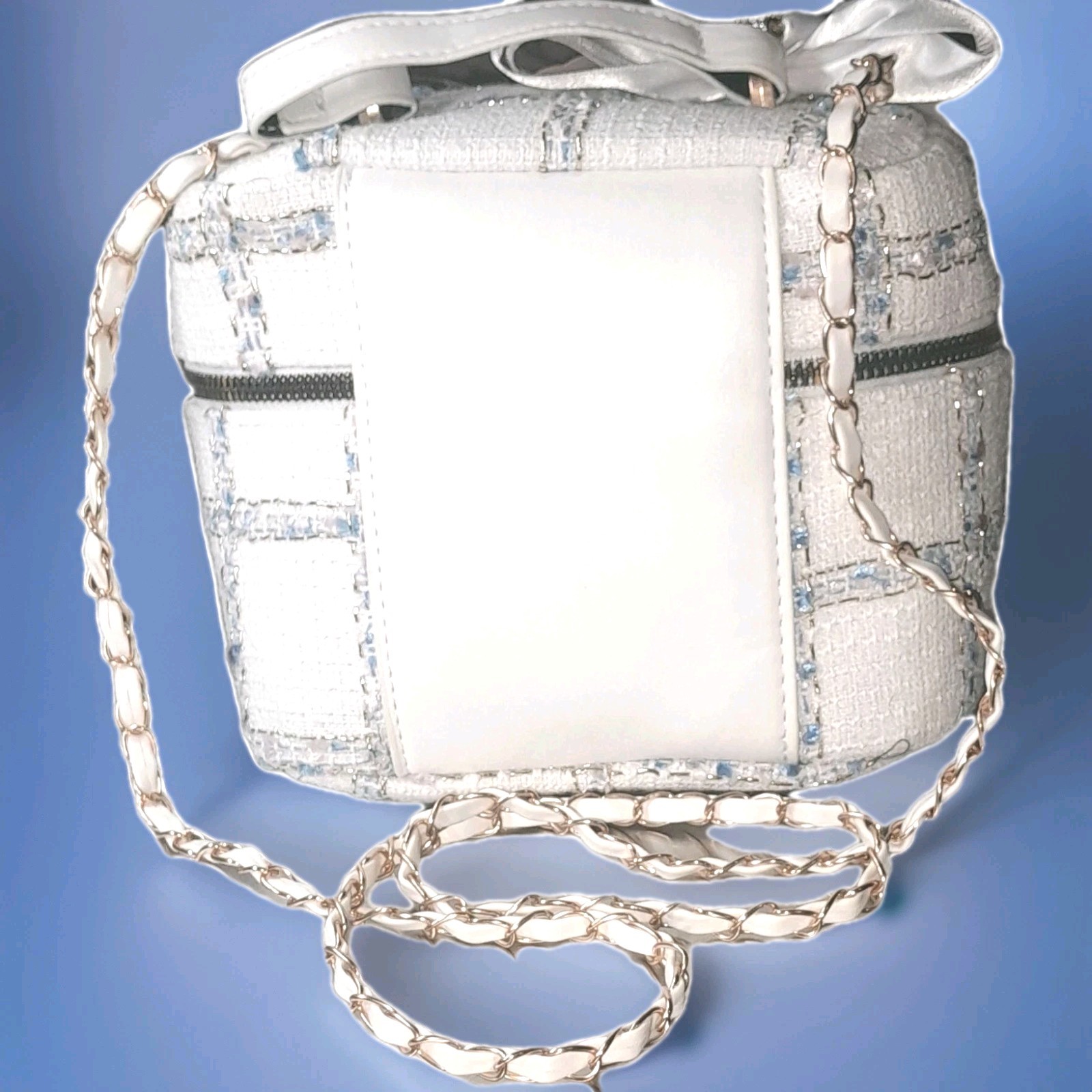 New White Blue Tweed Shoulder Bag with Bow, Rhinestone, Pearl, Gold Handcrafted