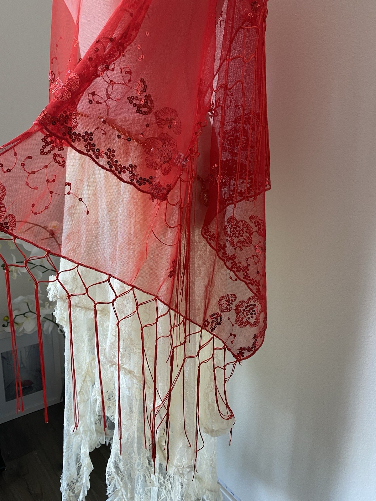 Red Mesh Sheer Shawl Floral Embroidered Sequin Fringe Women’s Scarf Whimsical