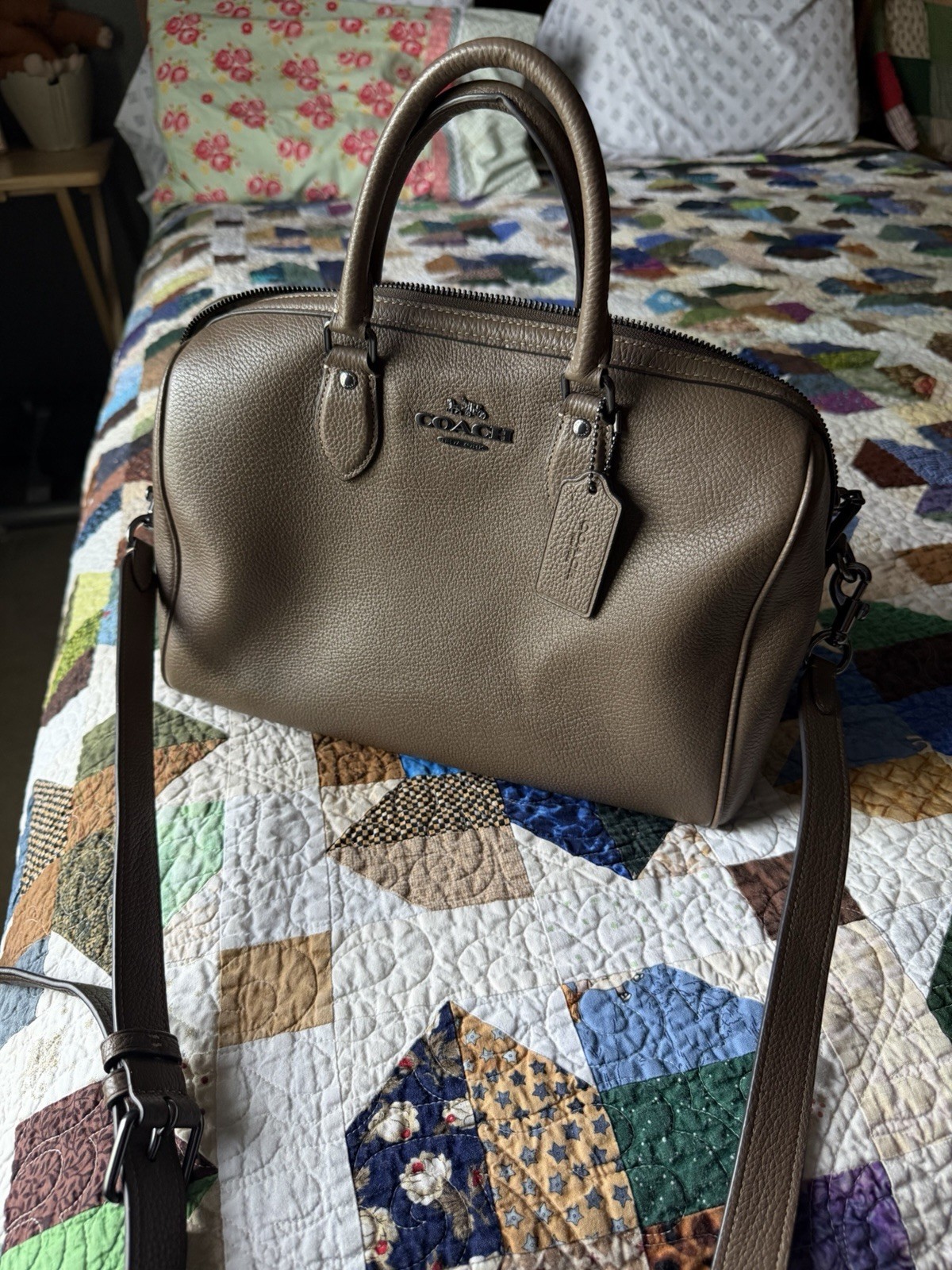 Coach Rowan Large Satchel Bag Crossbody In Leather/QB/Dark Stone CV960 NWT