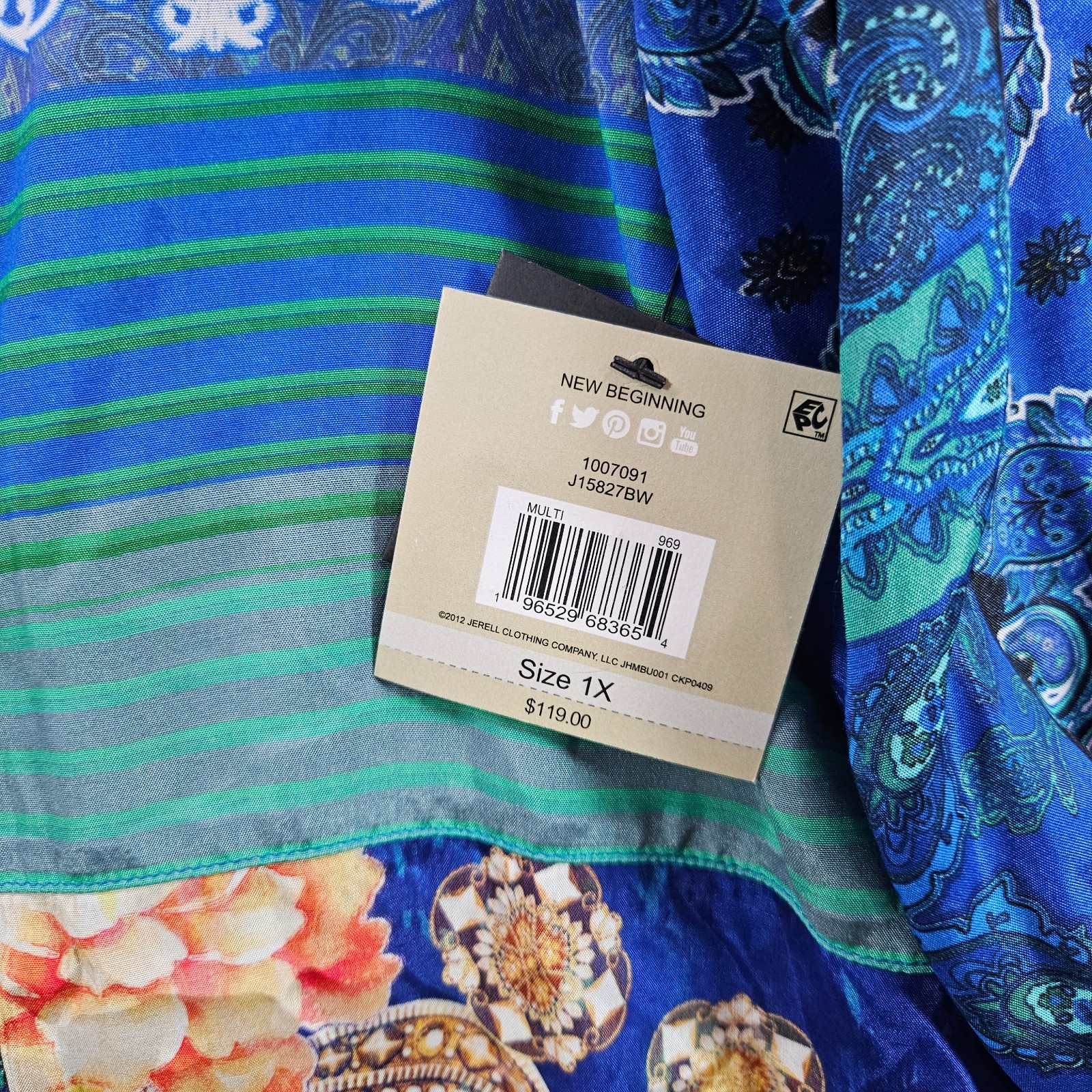 $119 NEW John Mark Shirt Top Women 1X Button Up Geometric Print Blue Tone