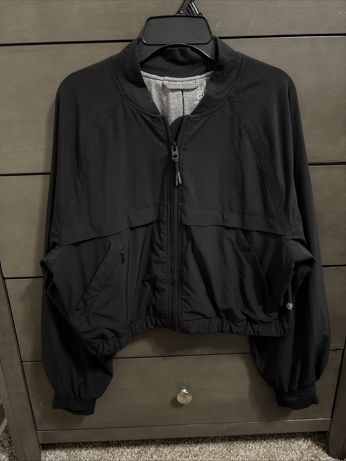 Athleta Girl Good Days Bomber Size XL 14 Black Full Zip Jacket Thumbholes Active