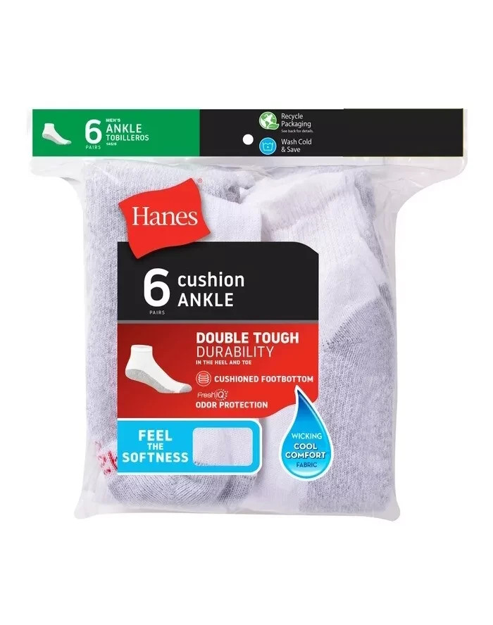 Hanes 6 Pack Premium Men’s Cushion Socks, Ankle, White, Shoe Size 6-12