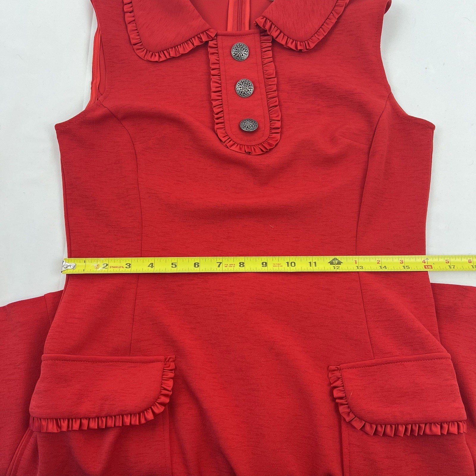 Nanette Lepore Red Dress Sleeveless Ruffle Peter Pan Collar Knit Size 8 POCKETS!