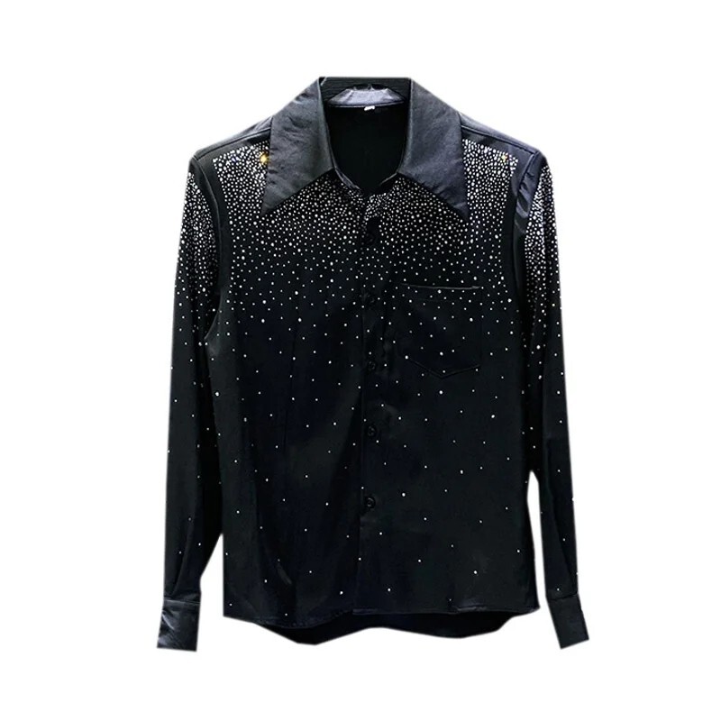 New Luxury Men Diamond Rhinestones Fashion Button-Down Black Shirt High Quality
