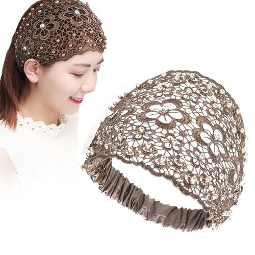 4 Pcs Wide Lace Headband for Women,Lace Pearl Hollow Elastic Headwrap,Boho