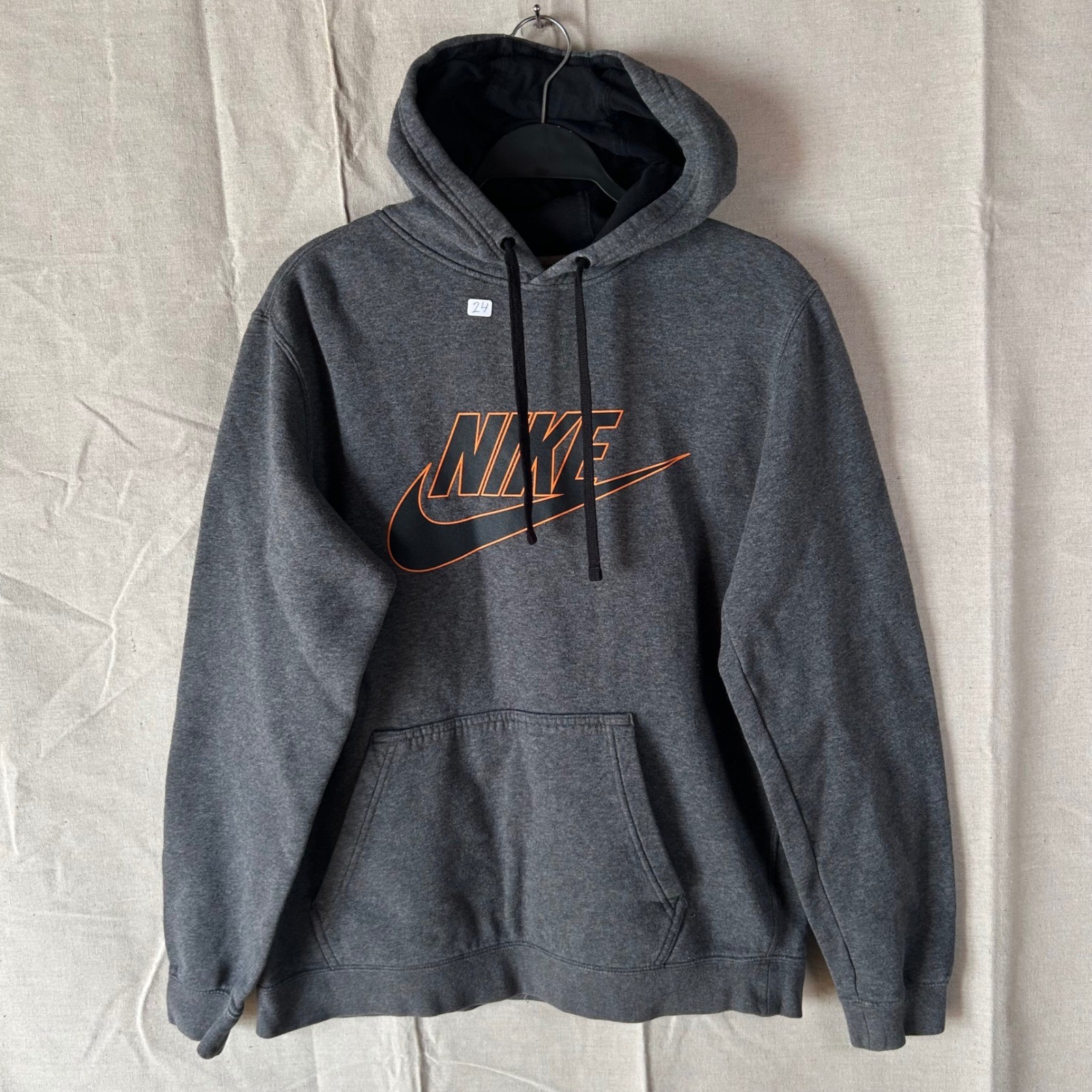Nike Mens Fleece Hoodie Charcoal Grey Orange Logo Pullover Medium