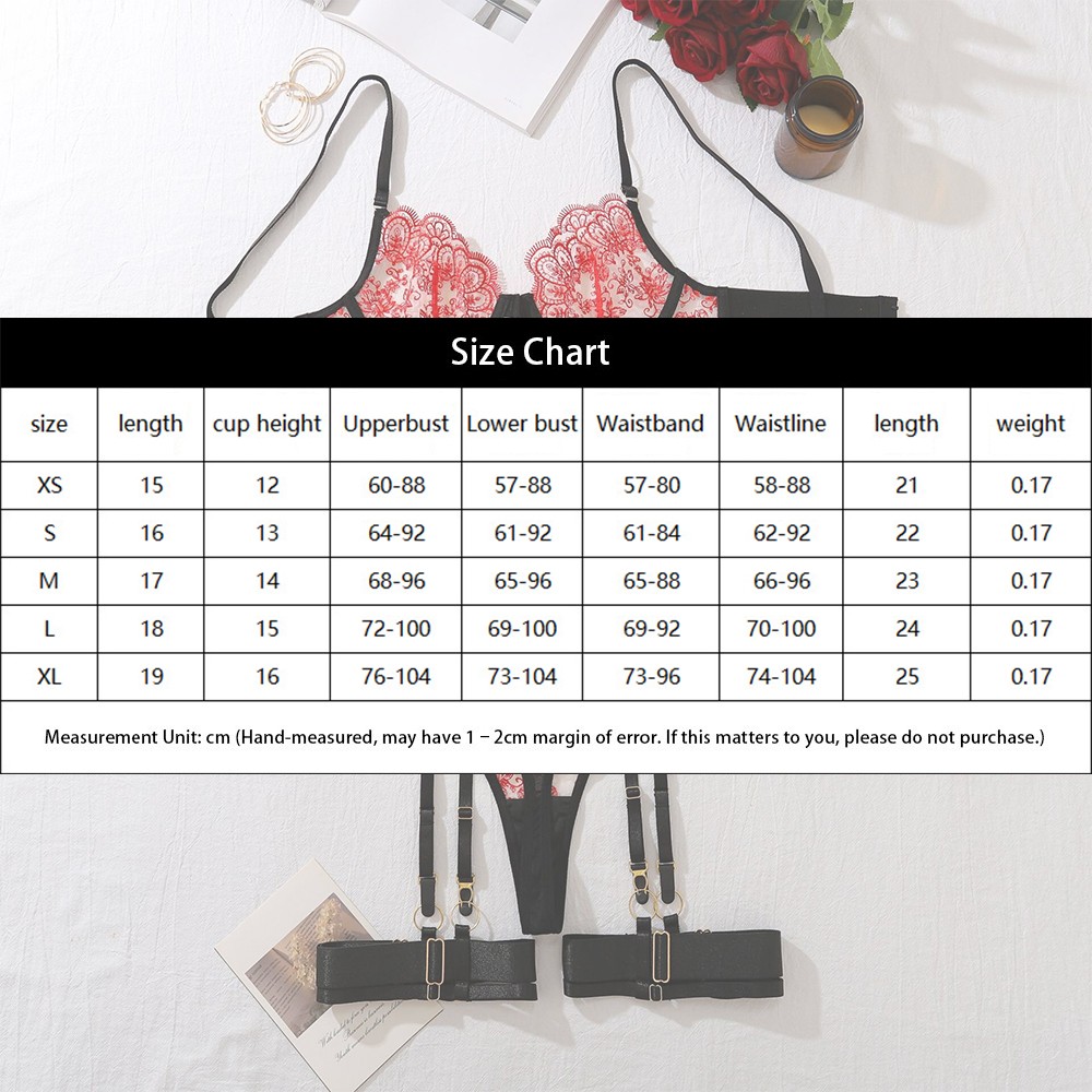 Embroidered Eyelash Lace Bra Waist Garter Thongs Thigh Belt 4-Piece Lingerie Set