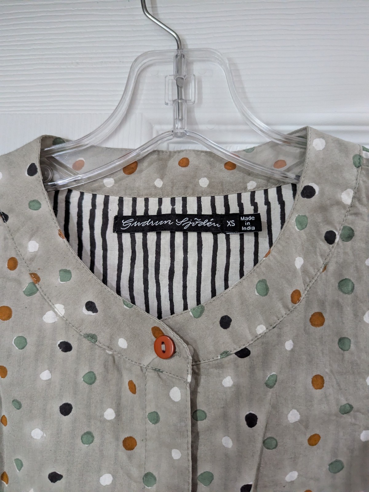 Gudrun sjoden gray taupe dot button down cotton tunic blouse top size XS