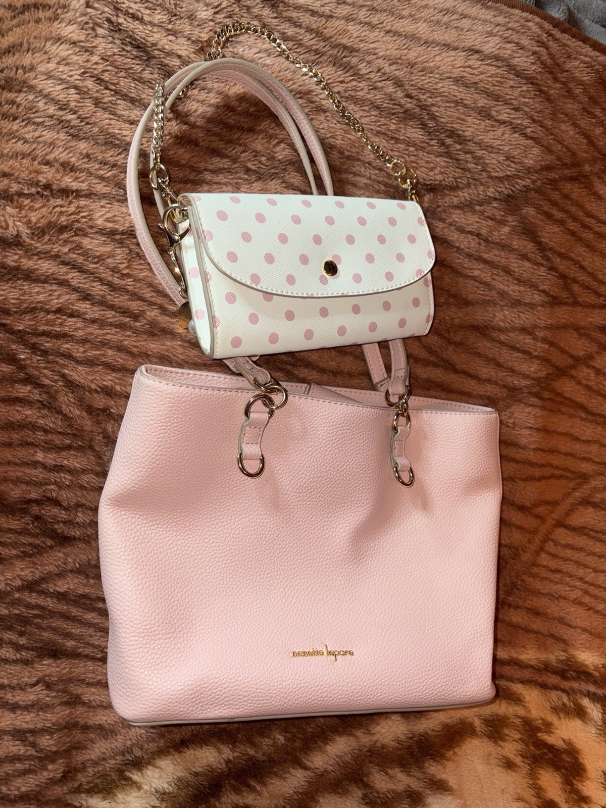 Nanette Lepore Womens Pink White Double Handle Shoulder Tote Handbag W/ Wallet