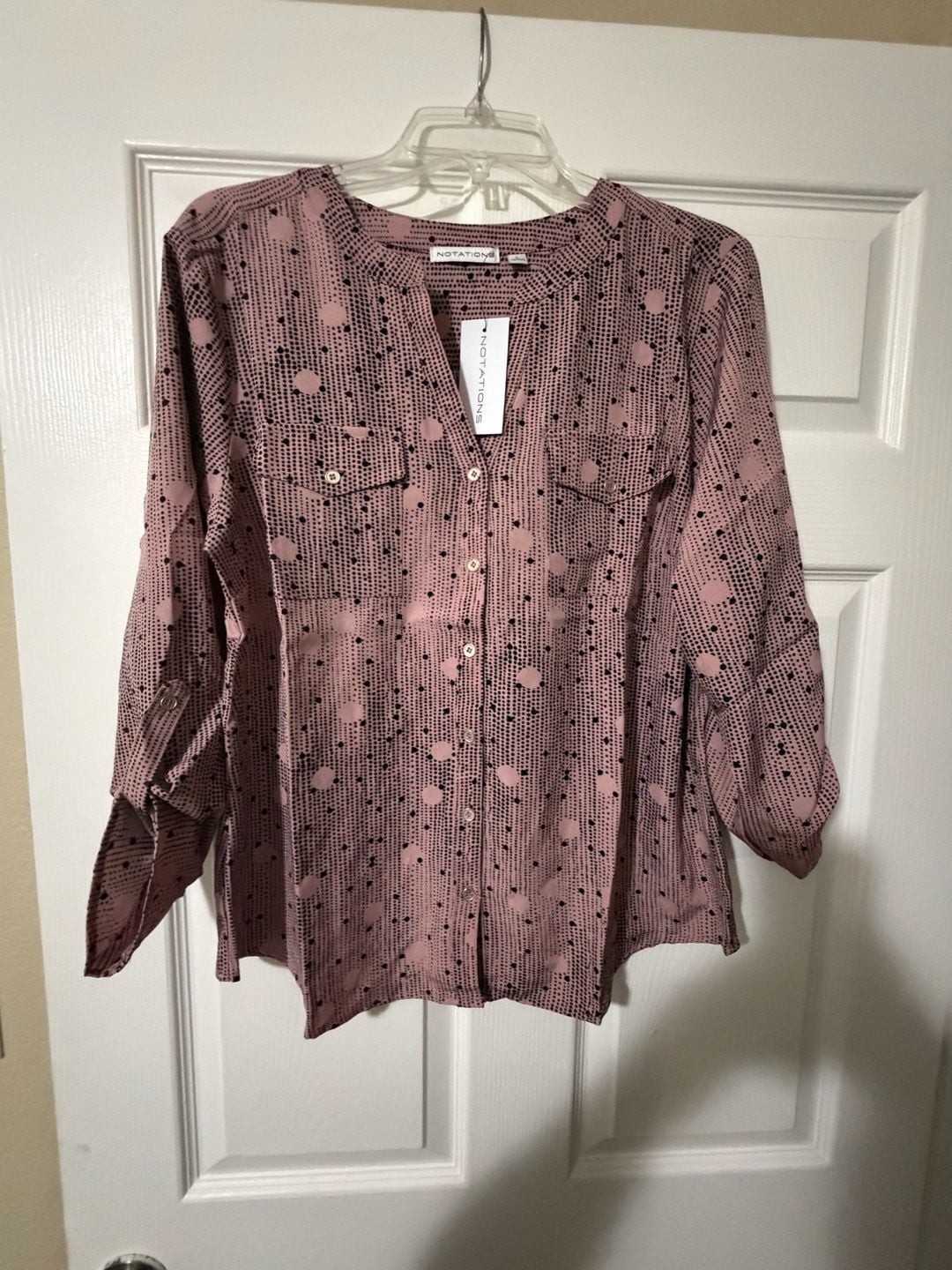 Notations 3/4 Roll-Tab Sleeve Notch Neck Dotted Blouse