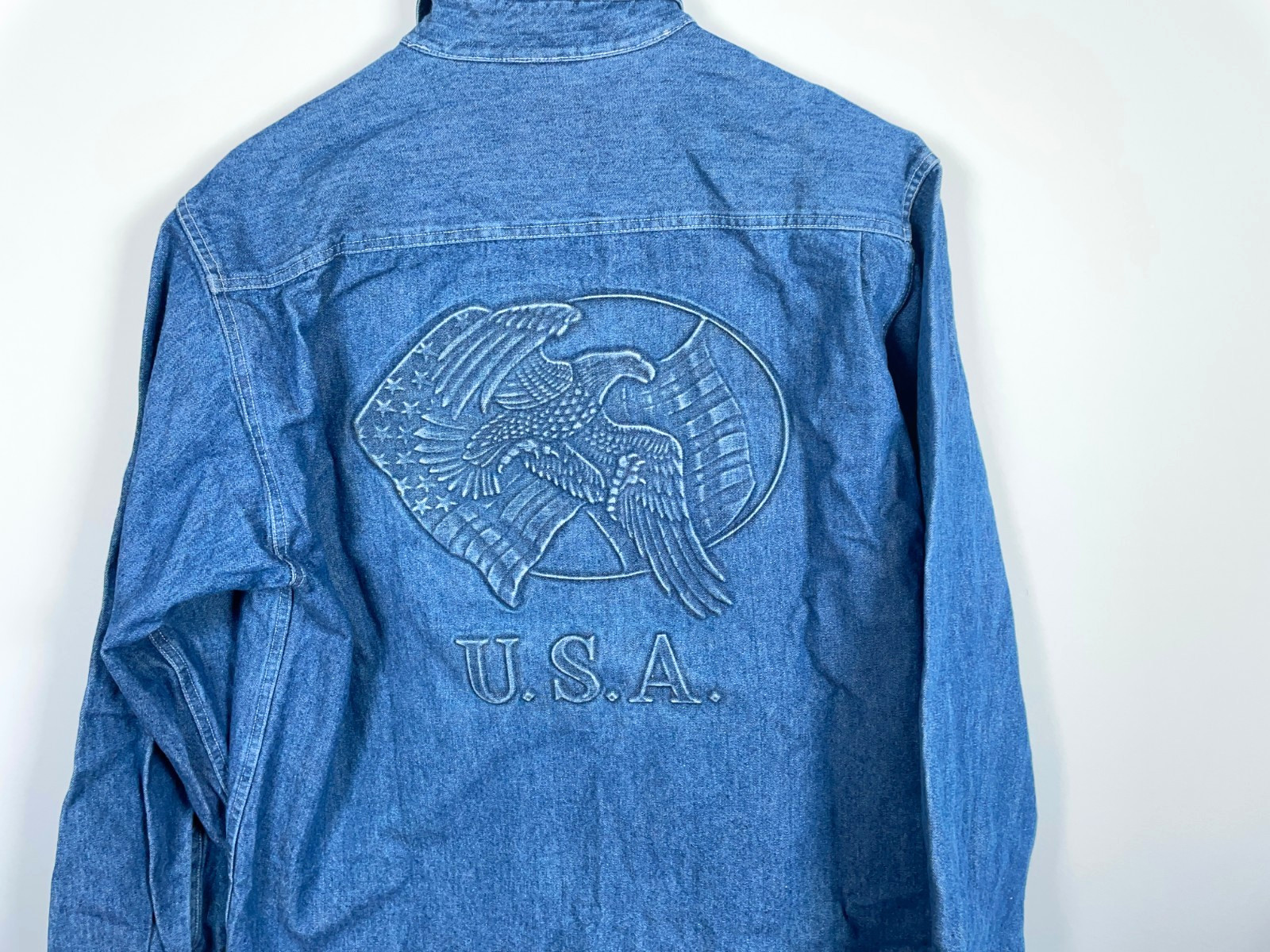 Heavyweight Embossed Denim Shirt Men’s Large Blue American Flag Eagle Union Made