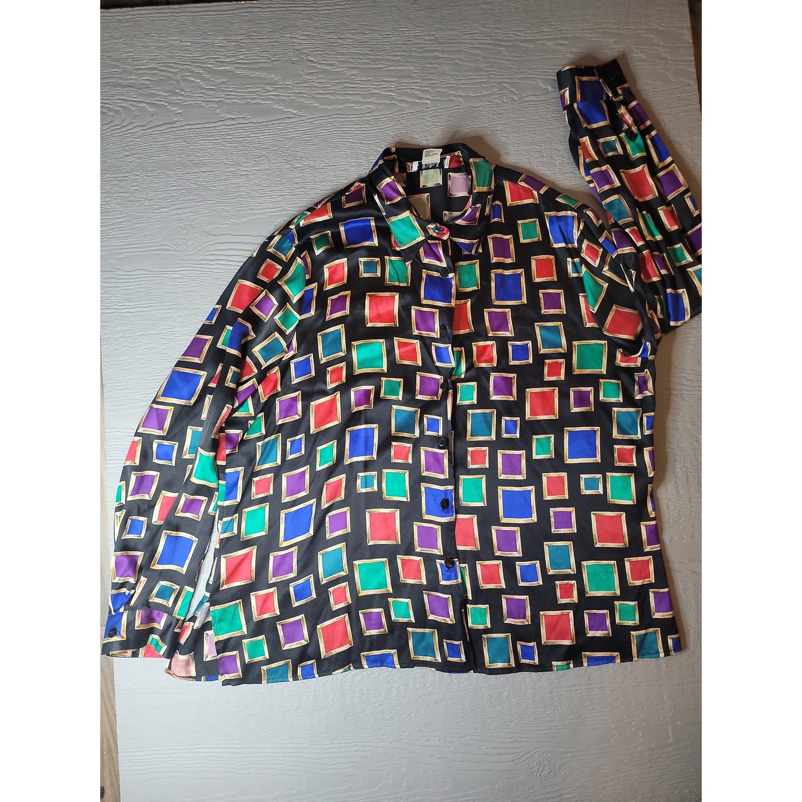 Erena Woman 100% Silk Blouse 20W Multi Color Geometric Square Print Button Down