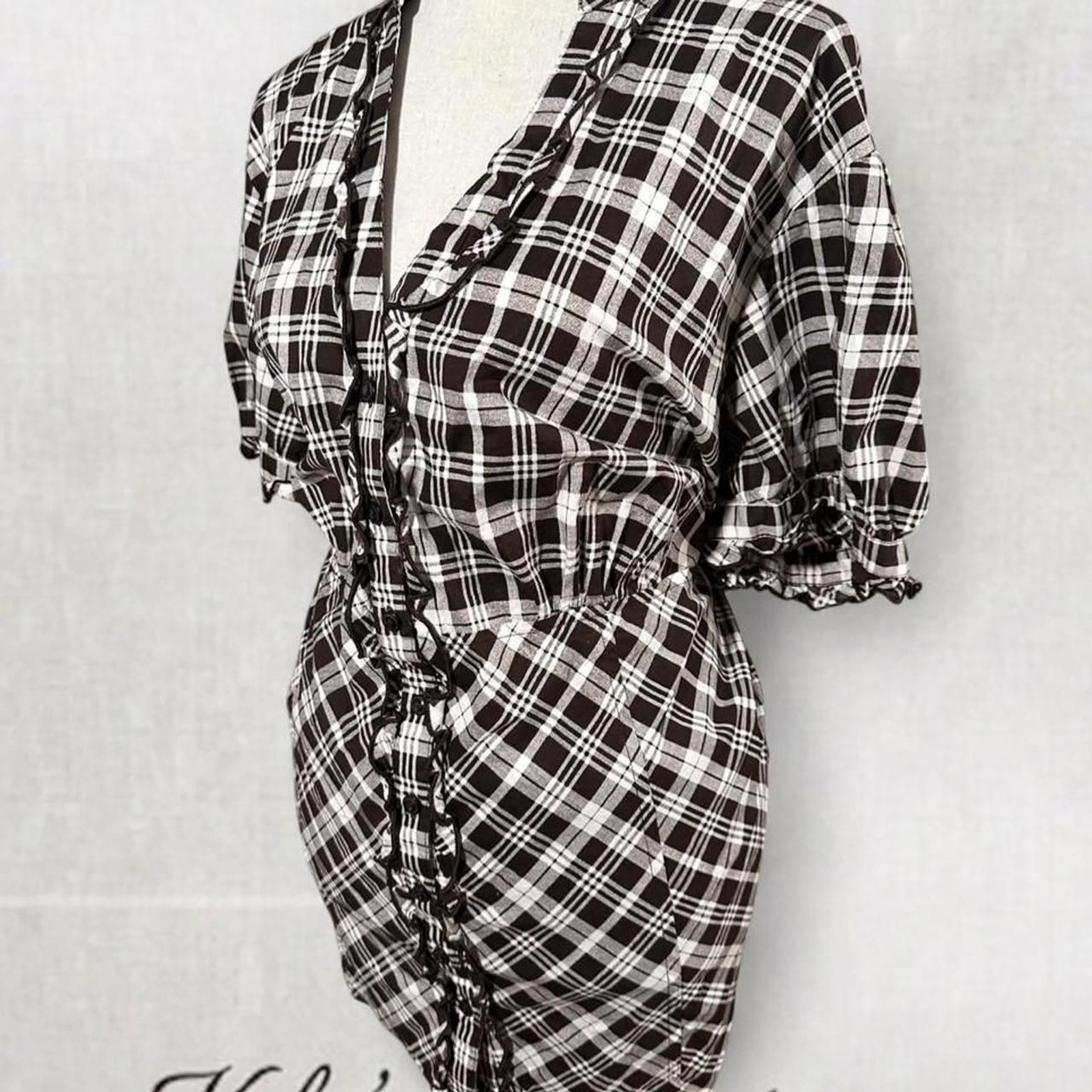 Black and White Plaid Button Up Blouse with Ruffle Details