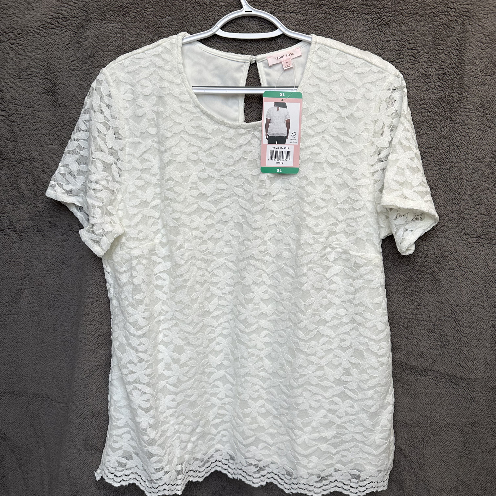 Teddi Rose Womens White Lace Blouse Short Sleeve Round Neck Floral Top NWT