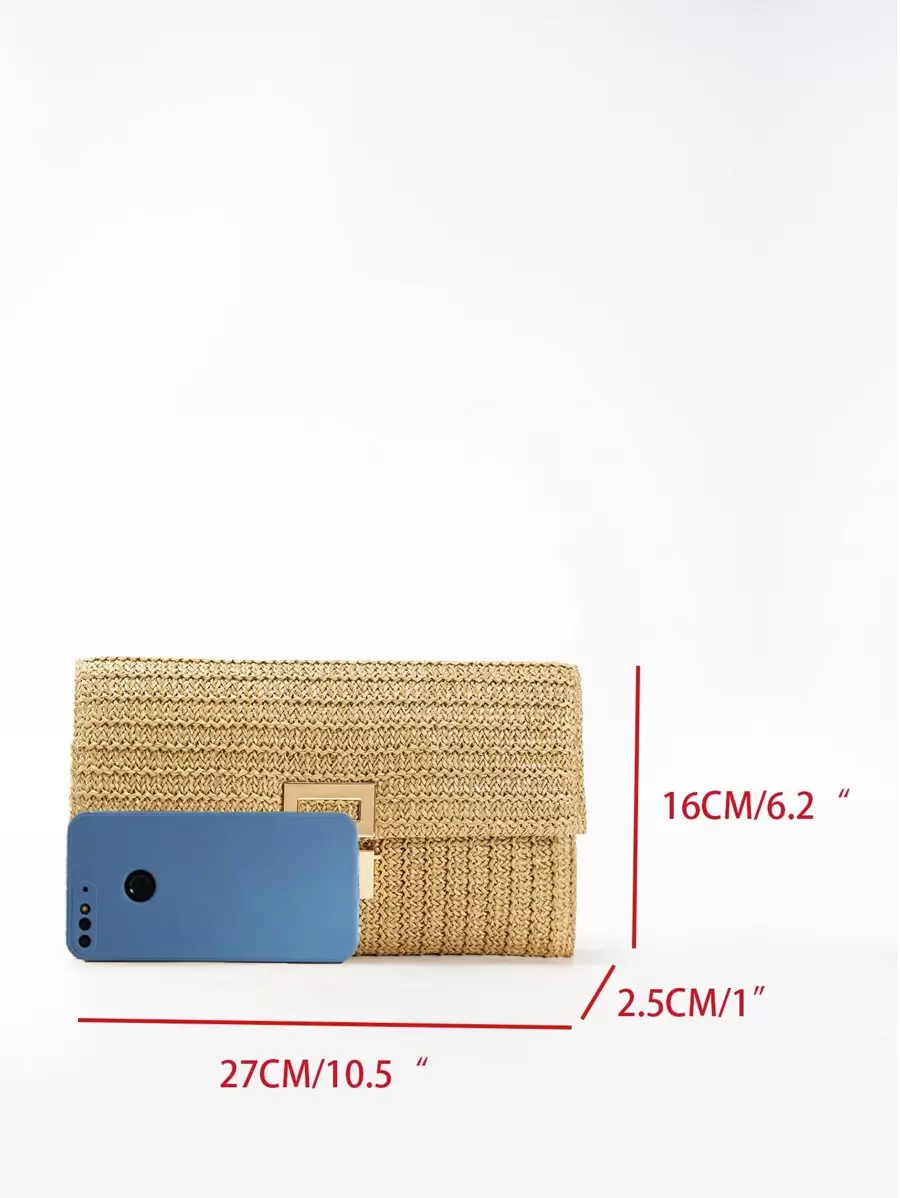 Woven Straw Flap Clutch Bag Medium Turn-Lock Chain Shoulder Purse Vacation