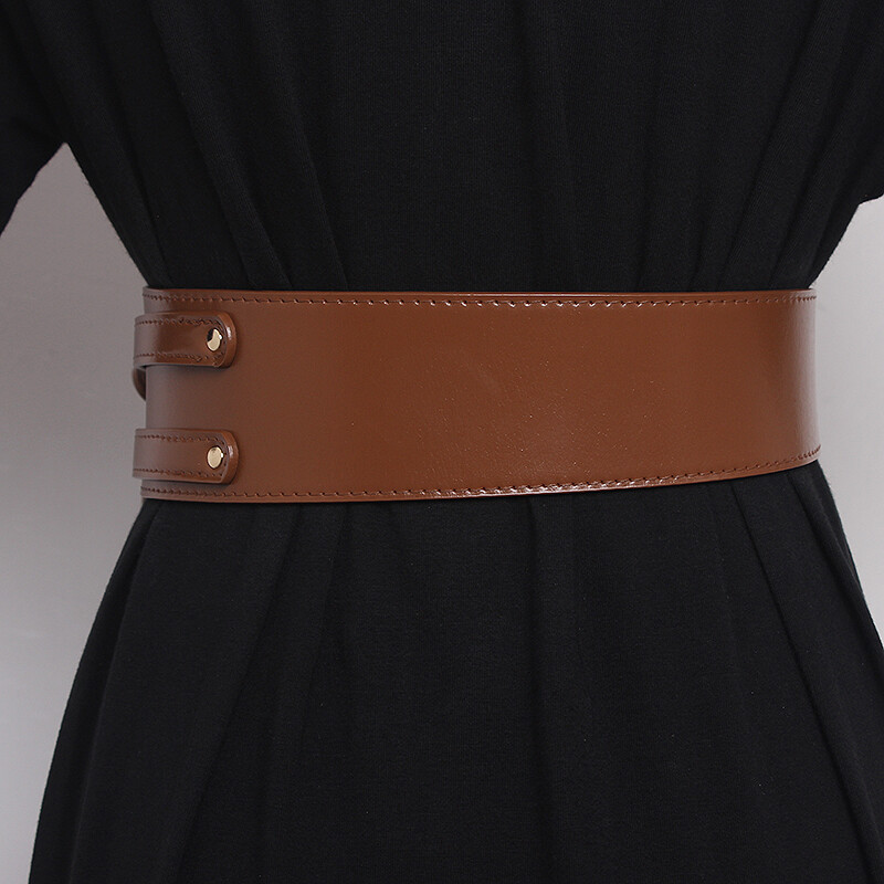 Women Cowhide Leather Corset Belt Double Prong Buckle Wide Decorative Waistband