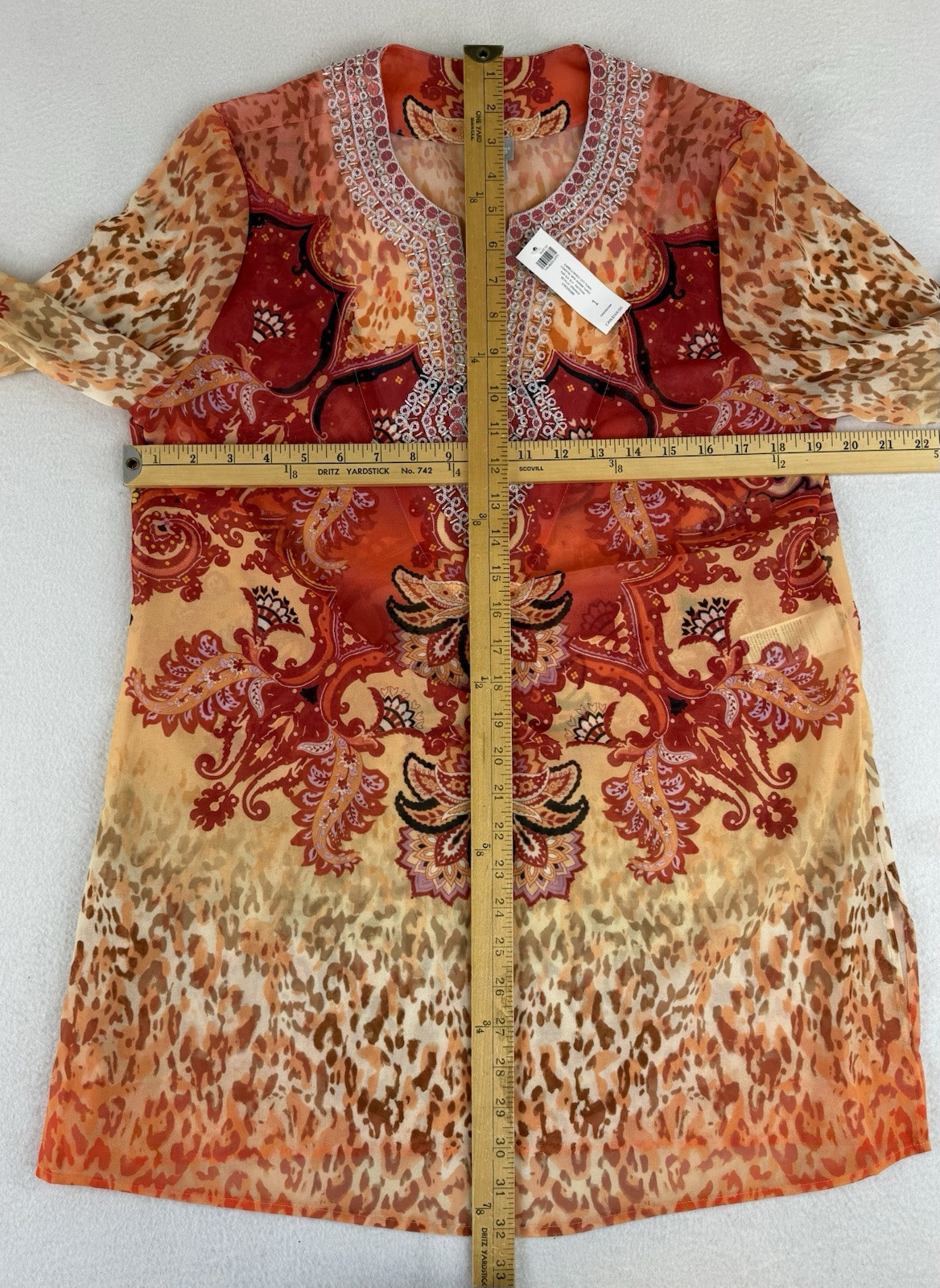 Chico’s Embellished Neckline Tunic Top Womens Sz M Tribal Beaded Sheer Boho NWT