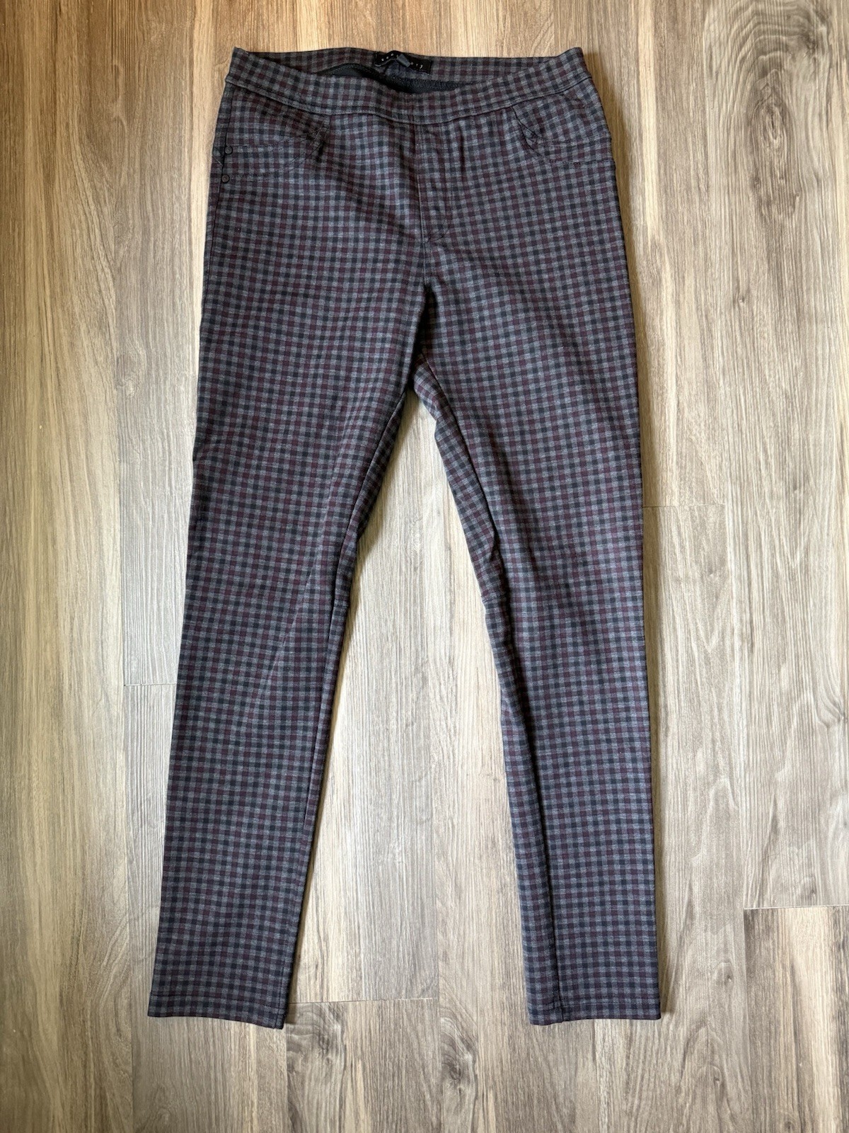 Sanctuary Pull On Skinny Pants Gray Black Burgundy Checkered Plaid M 27 x 28