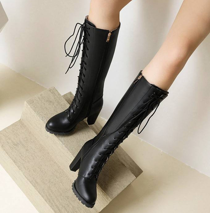 Women’s Round Toe Lace Up Knee High Boots Block Heels Side Zipper Fashion Shoes