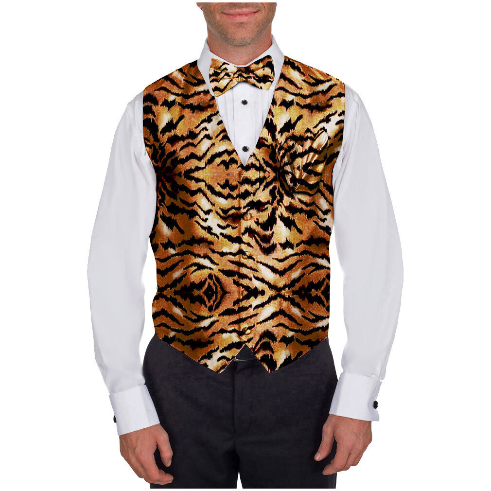 Men’s Tiger Animal Print Tuxedo Vest Bowtie Hanky Set Proms Fashion Waistcoat
