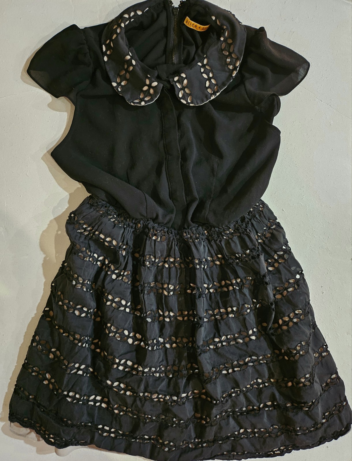 Alice + Olivia Black Peter Pan Collar Eyelet Mini Dress