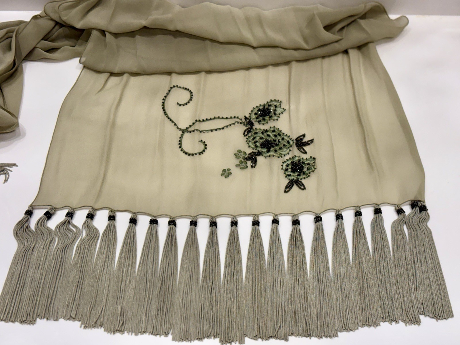Lillie Rubin 100% Silk Green Beaded Floral Embroidered Dress Size 4 & Scarf