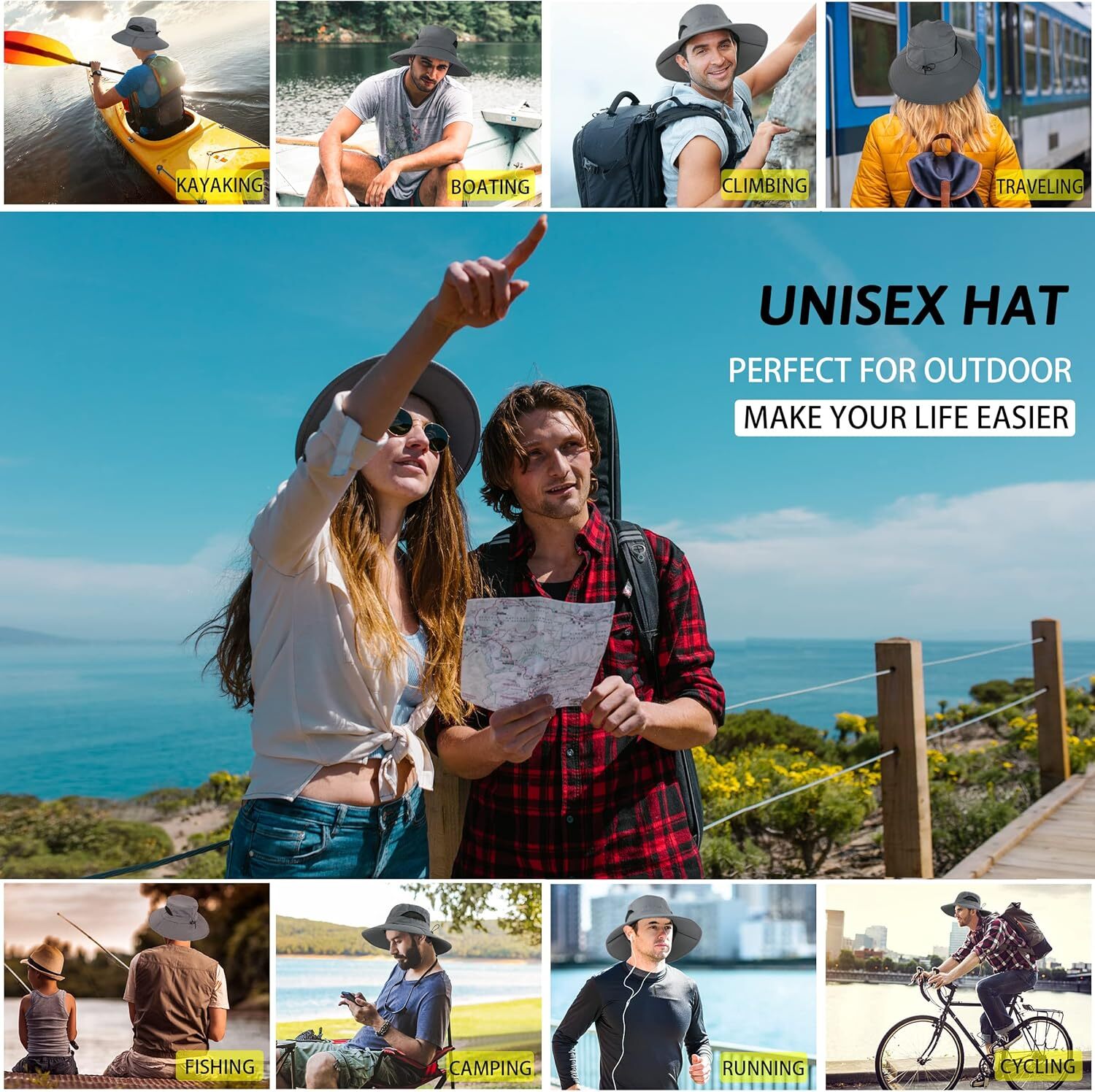 Men Wide Brim Sun Hat UV Protection Bucket Cap For Hiking Camping Fishing Safari