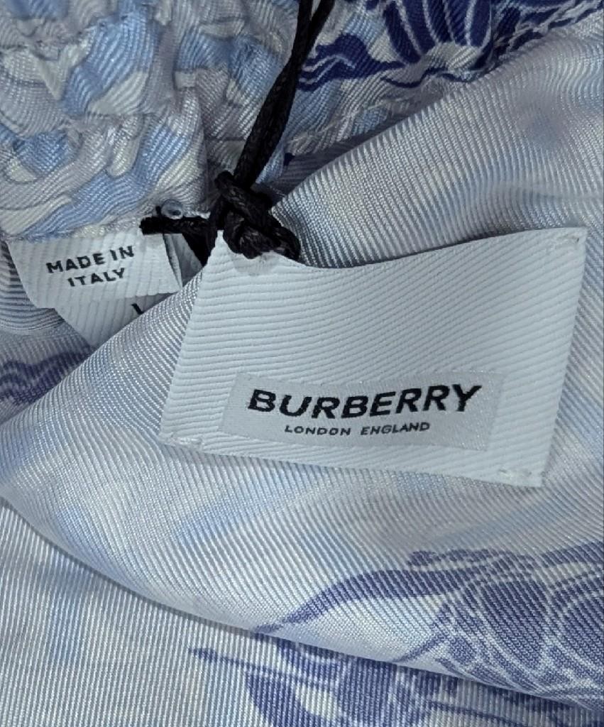 $1050 Mens Burberry Monogram Print Silk Shorts Light Blue/Navy Large