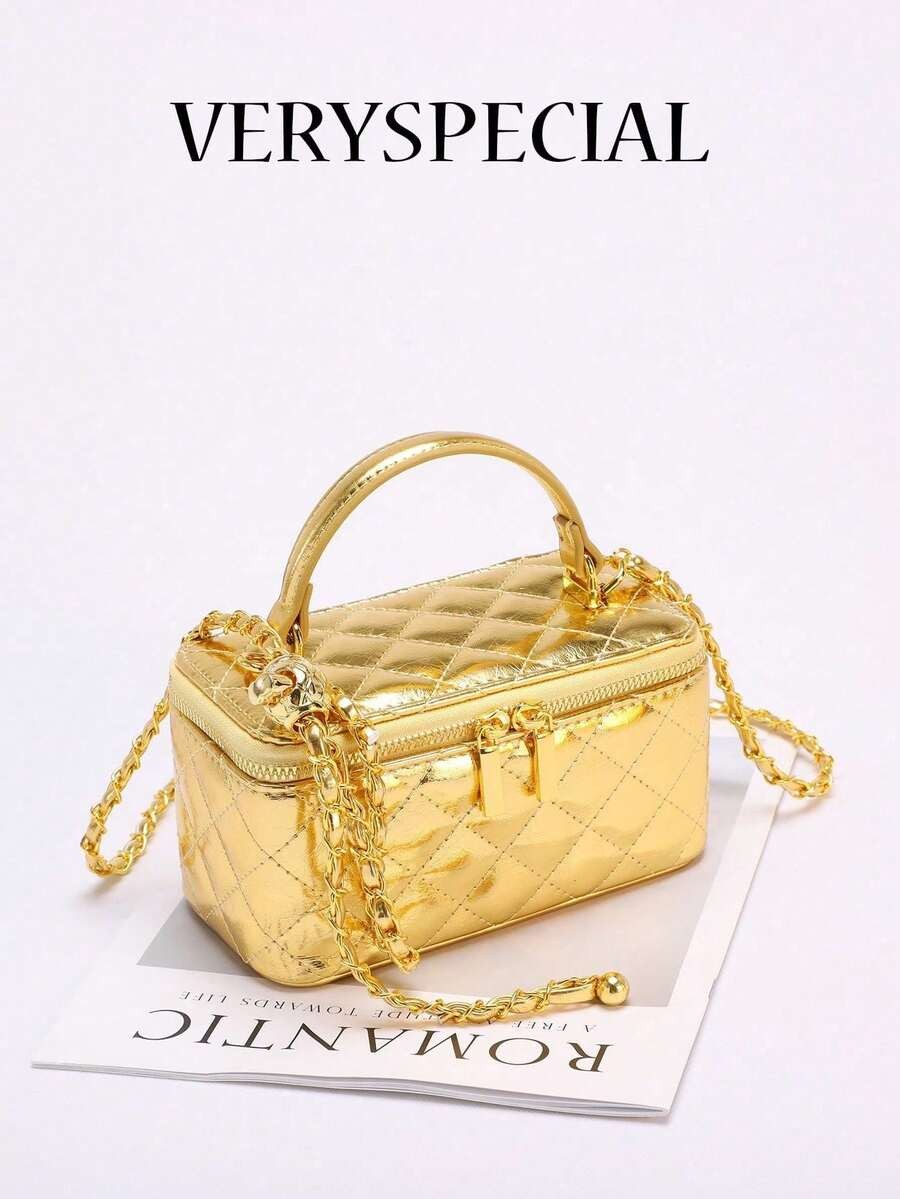 Fashionable Quilted Box Bag Plain Mini Crossbody Chain Strap Zipper Purse