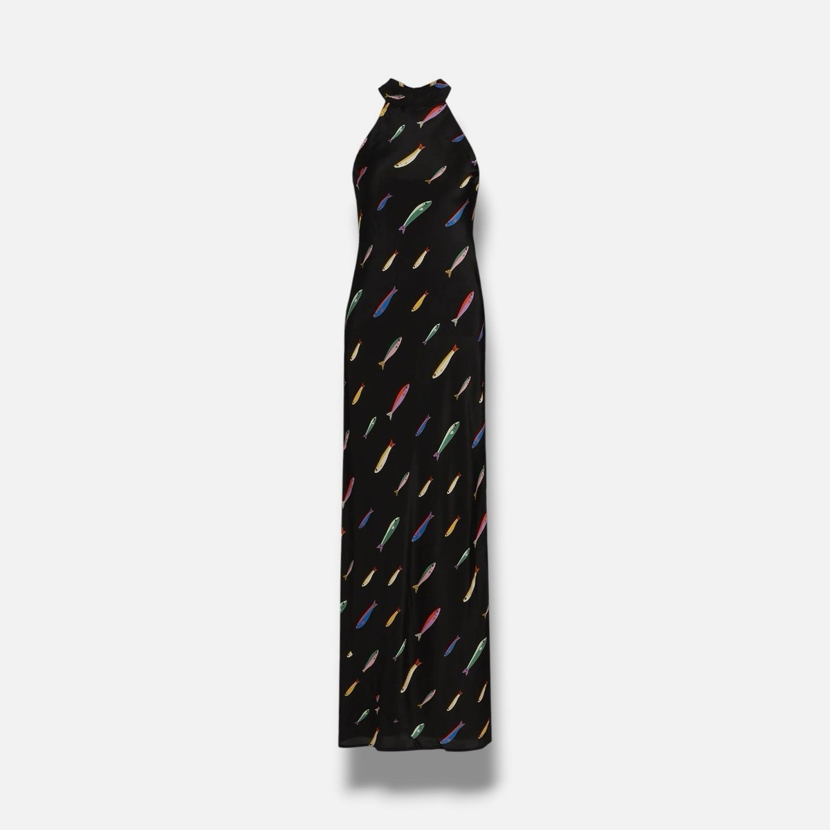 NWT Staud Women’s Black Silk Pop Sardine Print Halter Winnie Maxi Dress Size 4