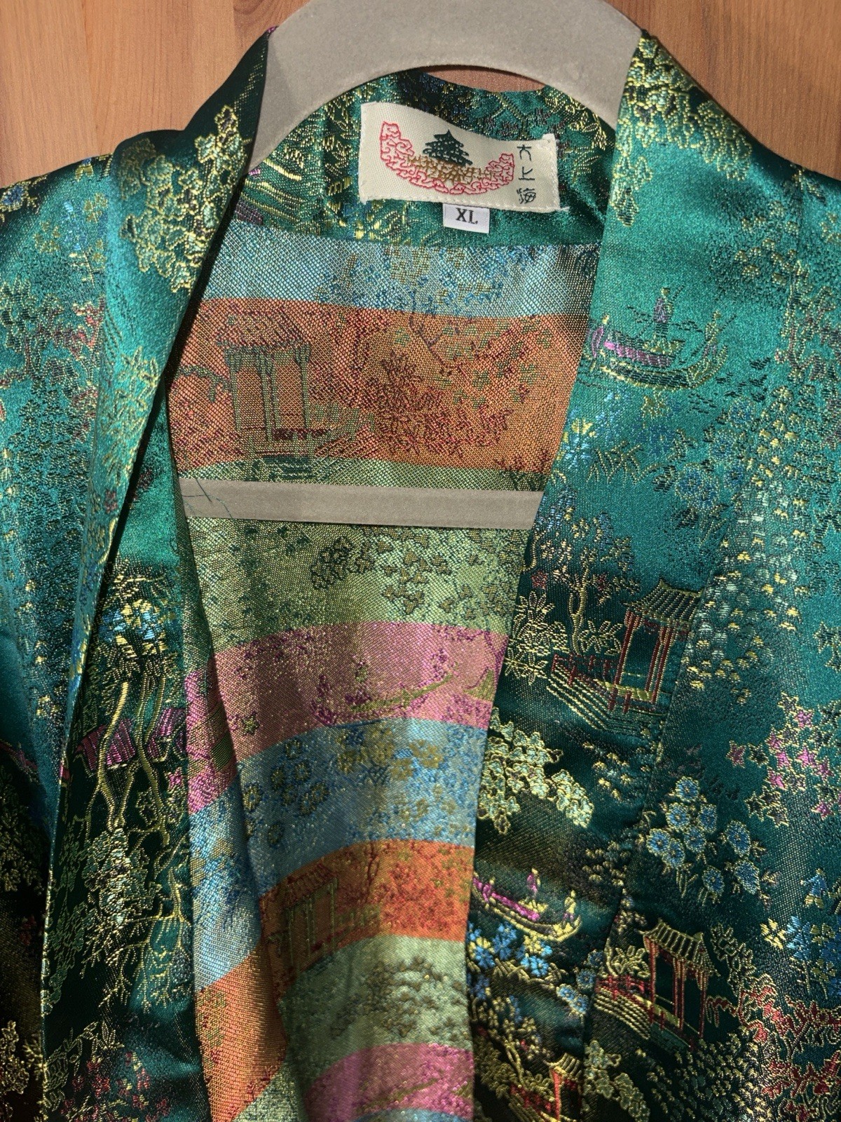 Women’s Green Satin Floral Kimono Robe V-Neck 3/4 Sleeve Tie Belt XL