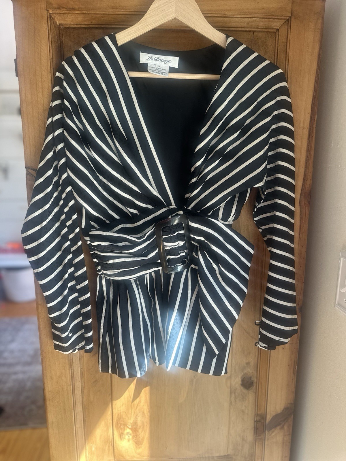 La Bottega Black & White Striped 100% Silk Belted Buckle Blouse Long Sleeve 10