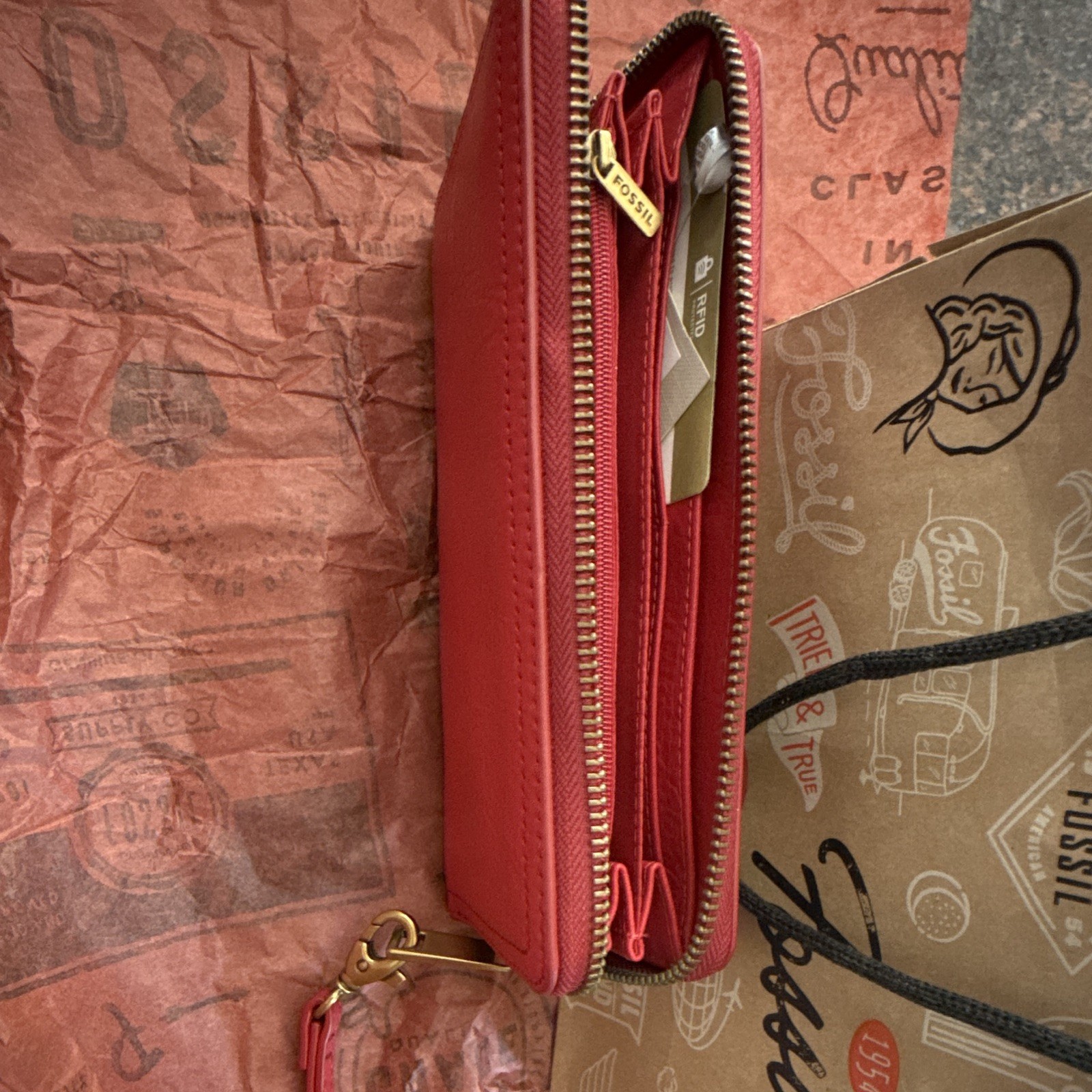 Fossil Women’s Red Solid Logo Wristlet Wallet Zip-Around Zipper Wrist Strap