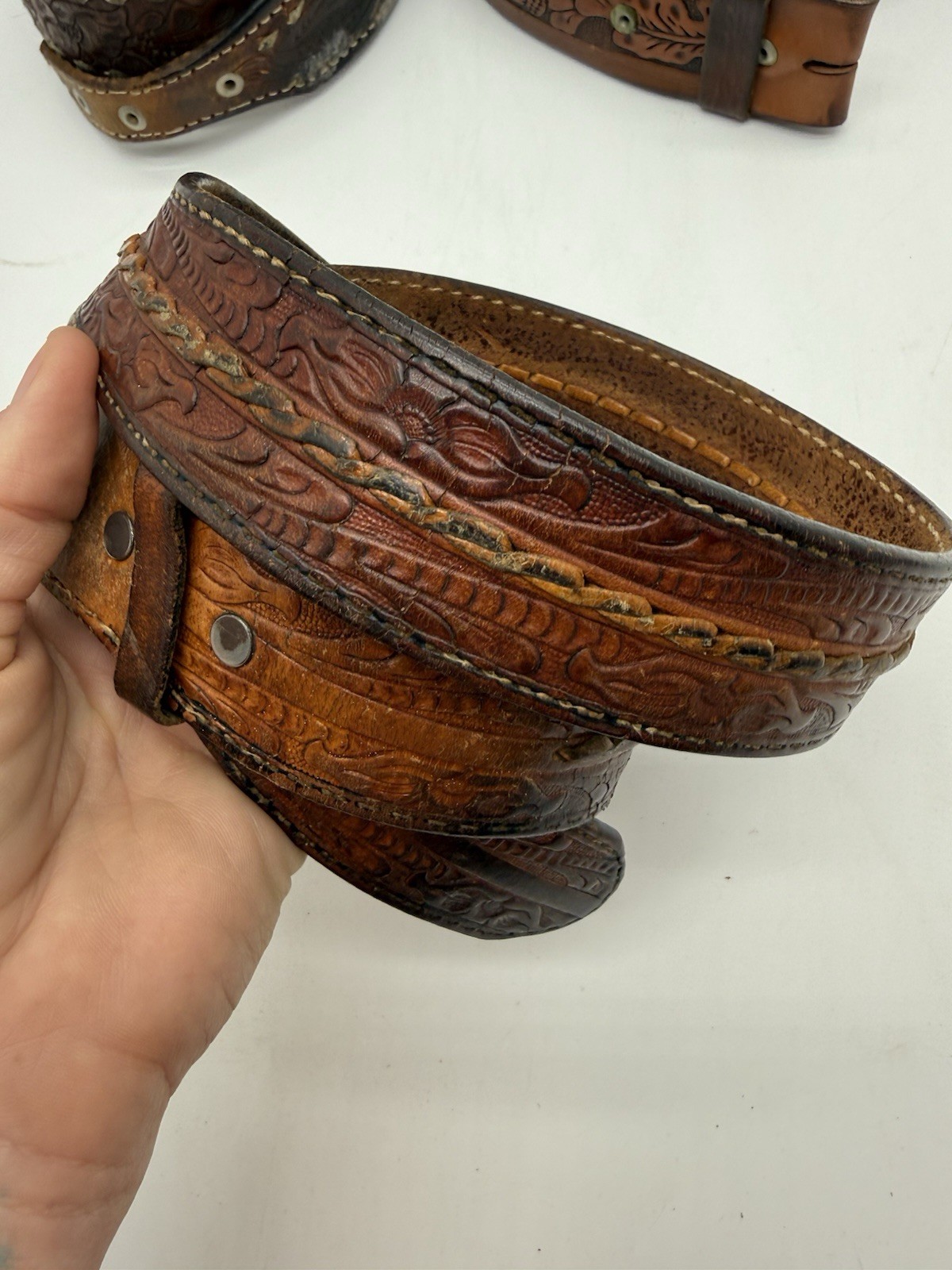 Lot of 5 Leather Belts Vintage Western Style Buckle Replacement Parts See Photos