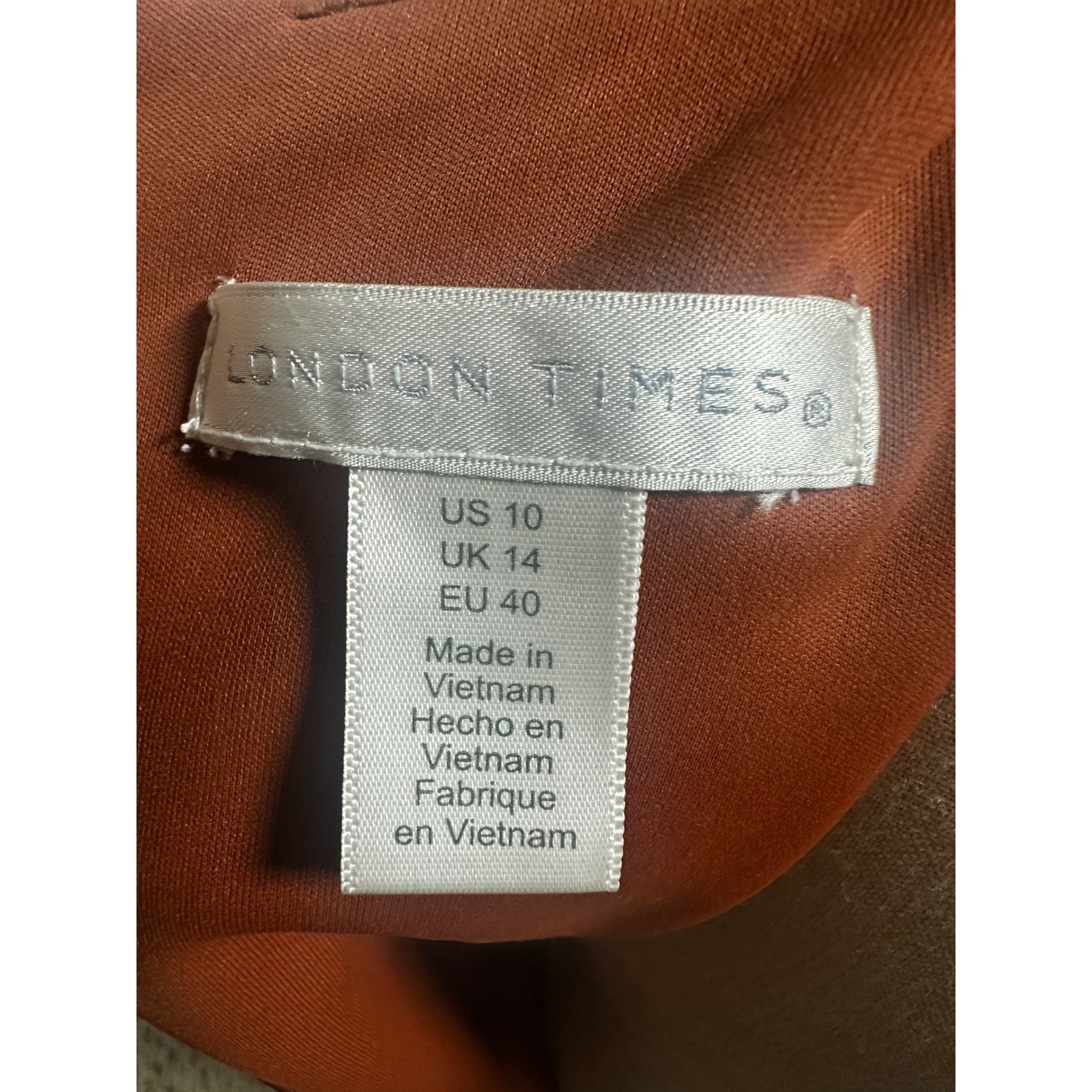 London Times Rust Twist Front Midi Dress 10 VNeck Mermaid Hem Cocktail Career