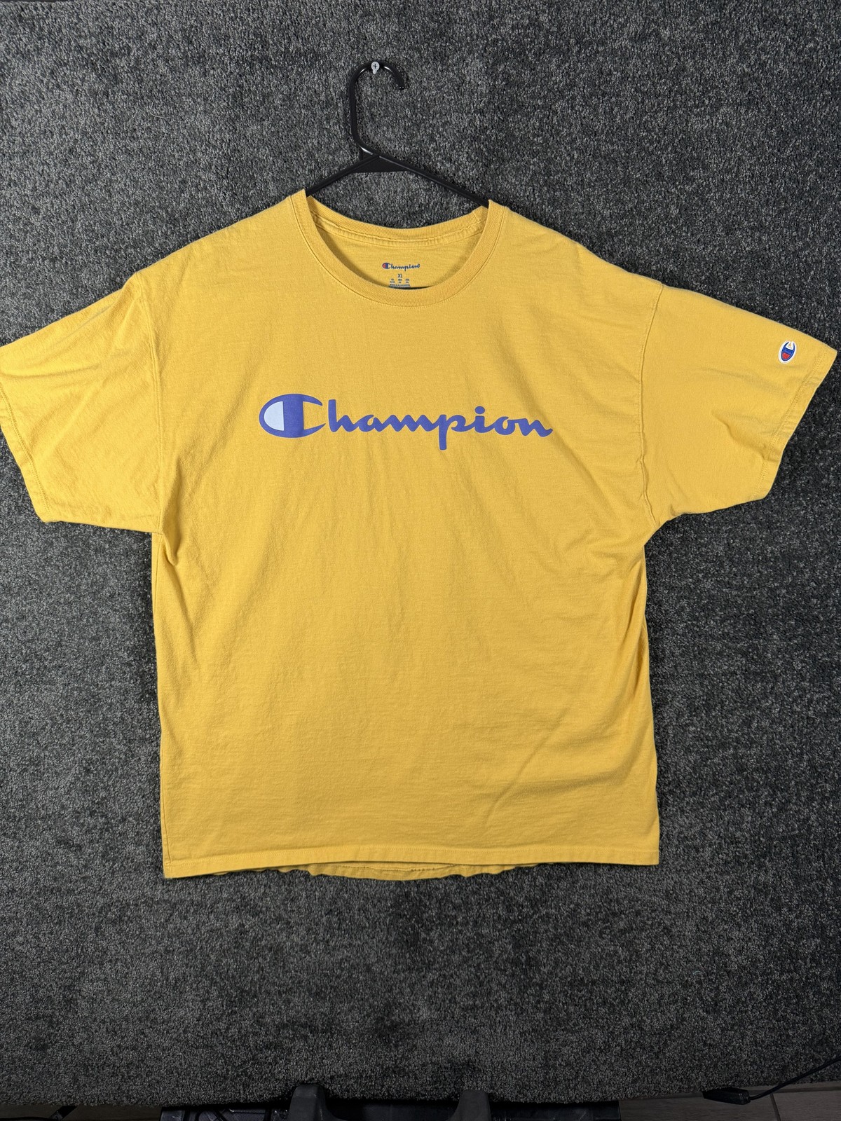 Champion Shirt Mens XL Yellow Big Logo Graphic Tee Short Sleeve Crew Neck