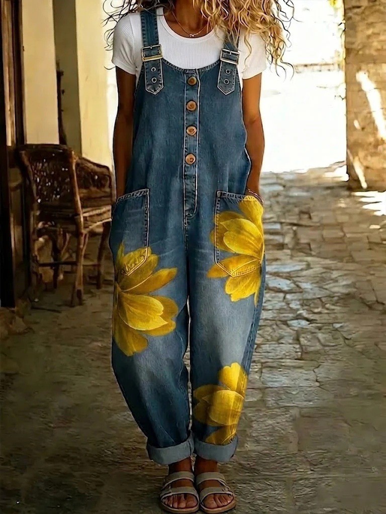 NEW Womens Denim-Style Jumpsuit With Floral Print