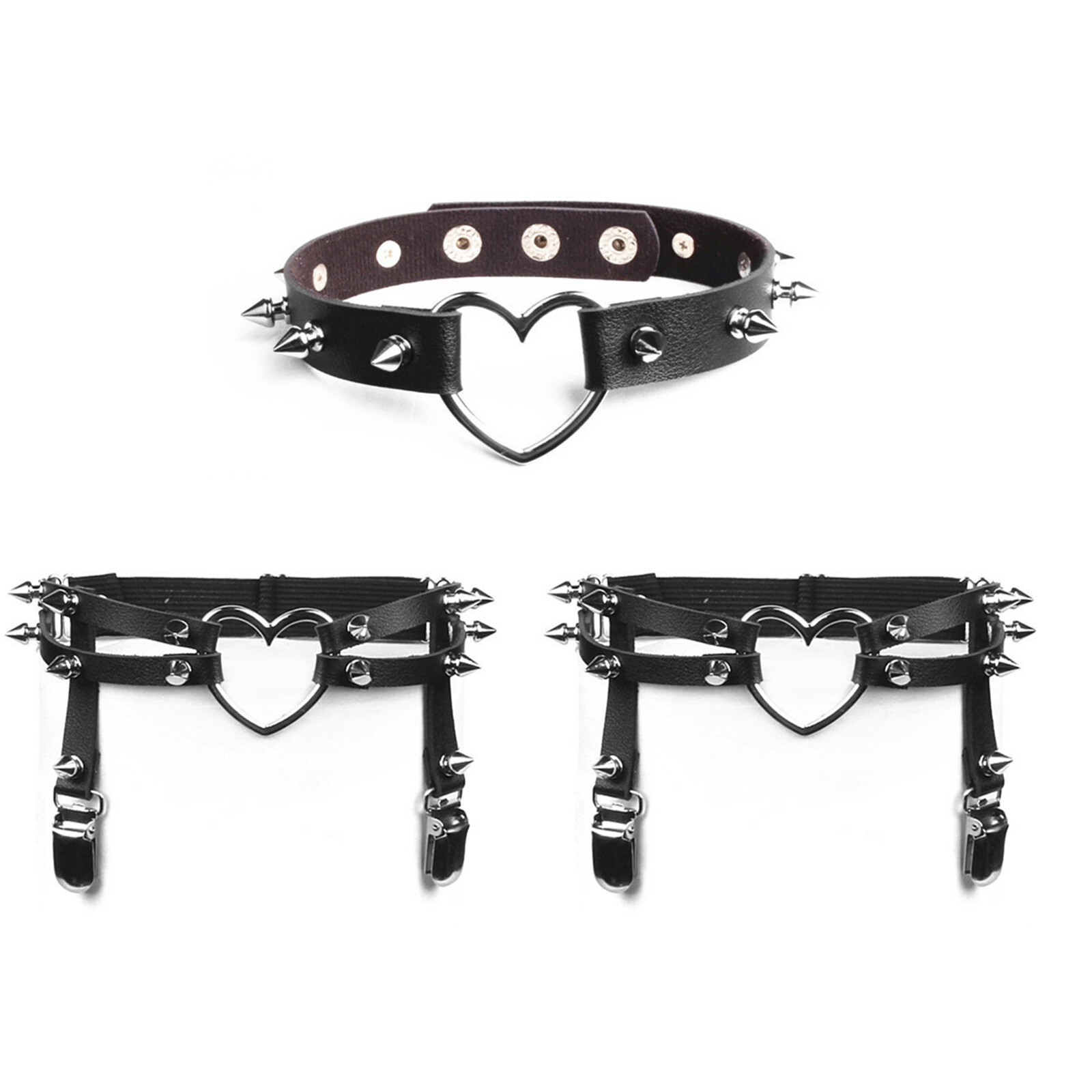 3pcs Women Punk Rivet Leather Thigh Garter Belt & Choker Sockings Suspender Set