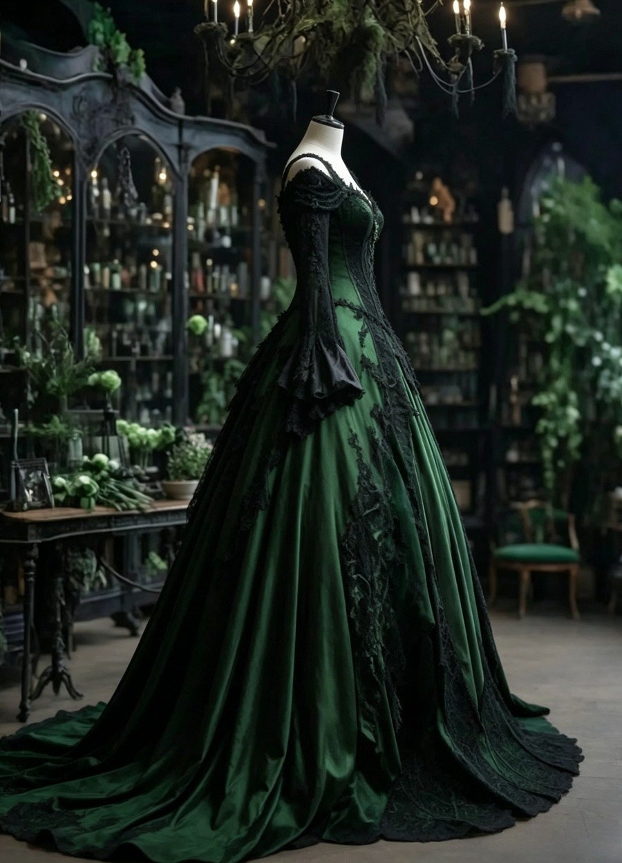 Emerald Green Gothic Corset Lace Satin Ball Gown Wedding Dresses With Train