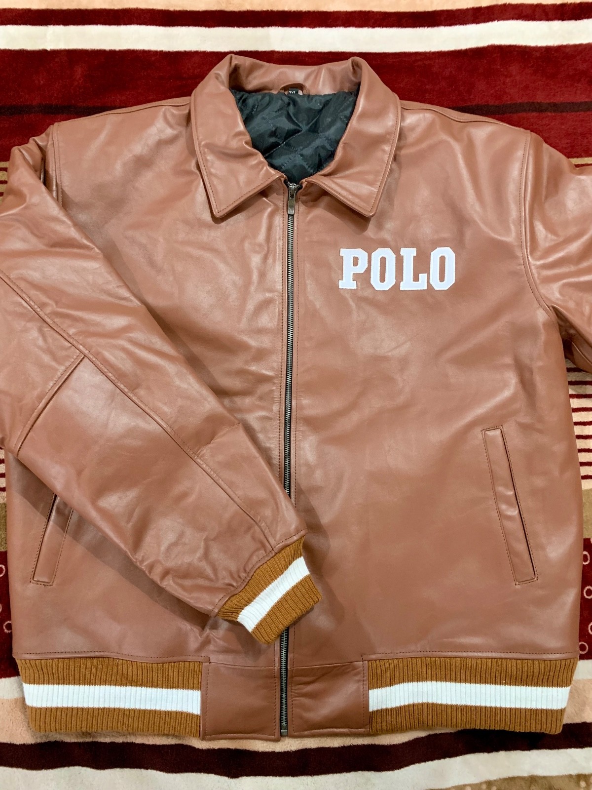 Men’s Brown Leather Bomber Jacket Zip Up Rib Knit Casual Coat.