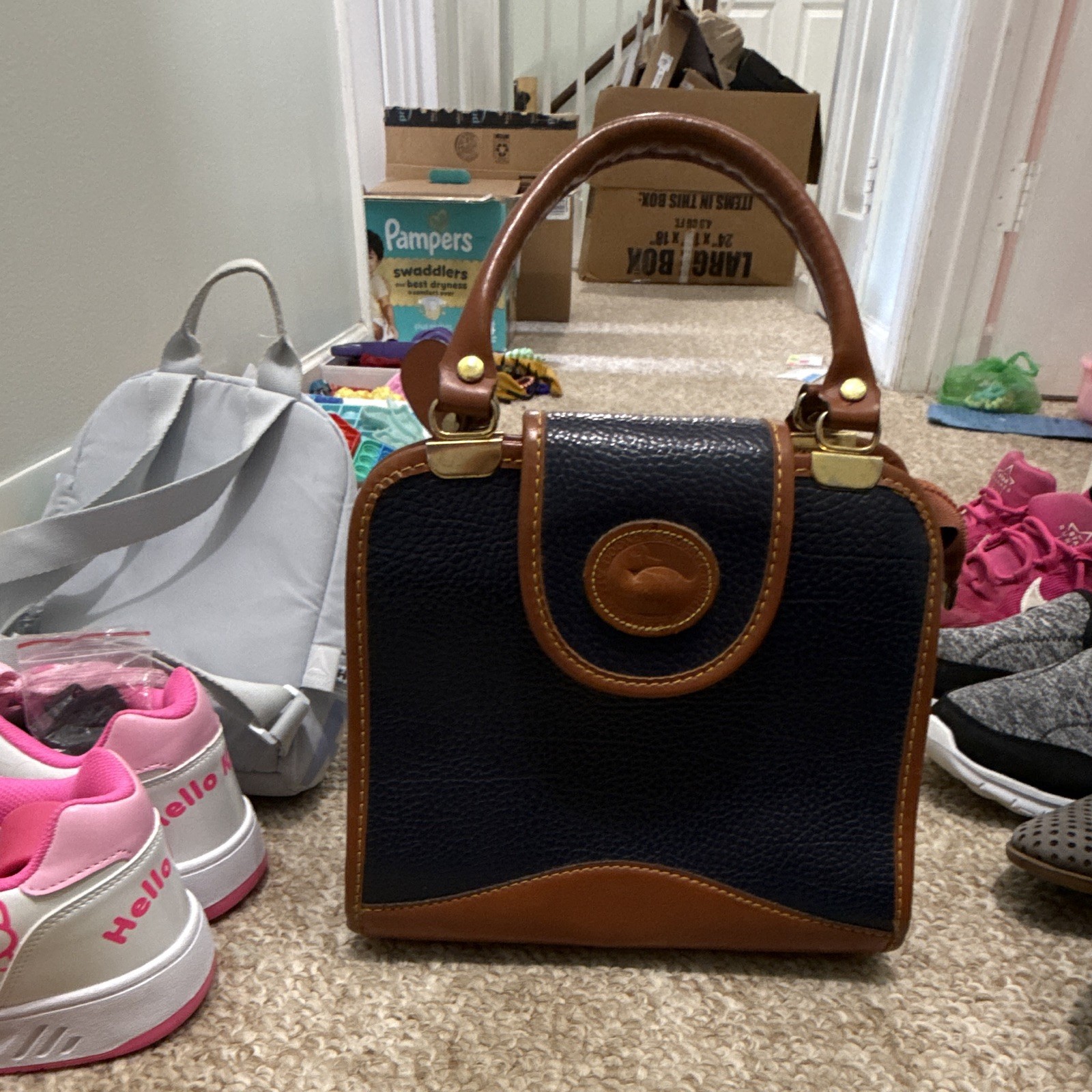 Dooney & Bourke Navy Pebbled Top Handle Satchel, Zip, Gold HW, Pockets