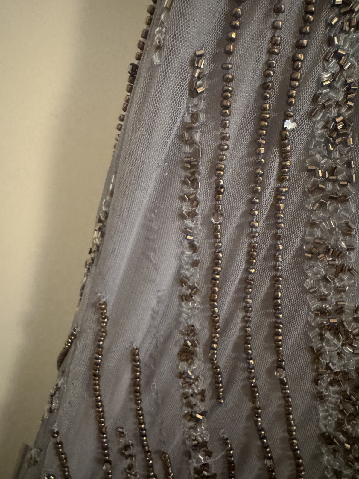 Mac Duggal Long Beaded Dress in Platinum with Gold Beads, size 10, $598