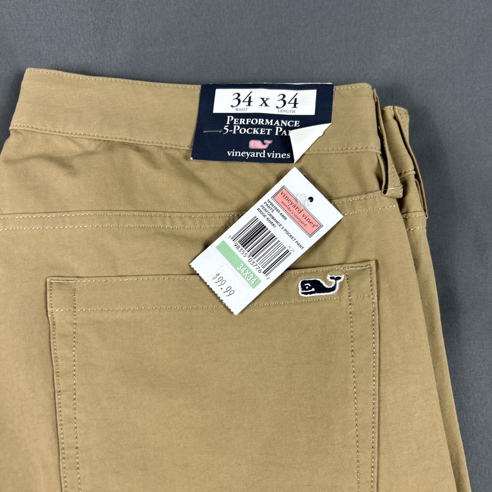 Vineyard Vines Golf Pants Performance 5-Pocket 34 x 34 Ridge Khaki Cotton Nylon