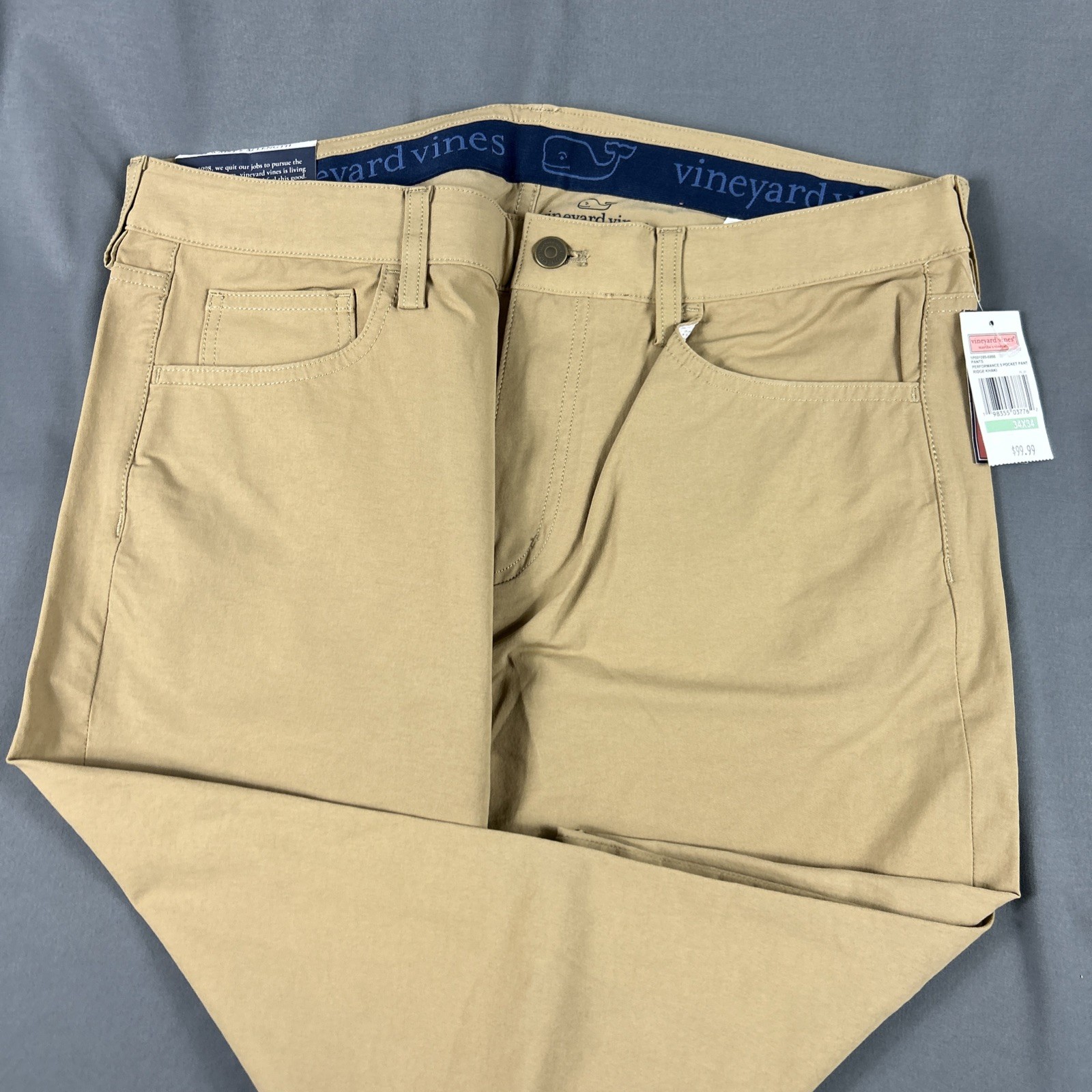 Vineyard Vines Golf Pants Performance 5-Pocket 34 x 34 Ridge Khaki Cotton Nylon