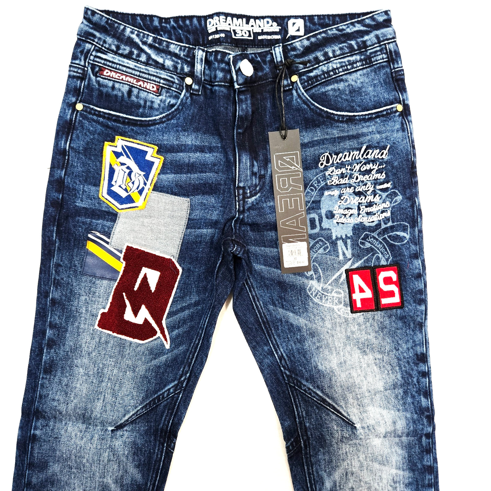 Dreamland Premium Men’s Jeans Blue Design Patch Distressed Skinny Fit Denim Jean