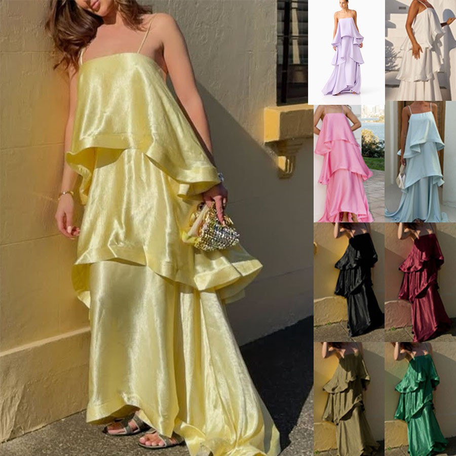 NEW Satin Wide-leg Strap Multi-layered Holiday Dress Sizes S-XL